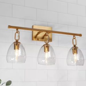 Modern 21.6 in. 3-Light Plated Brass Bathroom Vanity Light with Bell Hammered Glass Shades